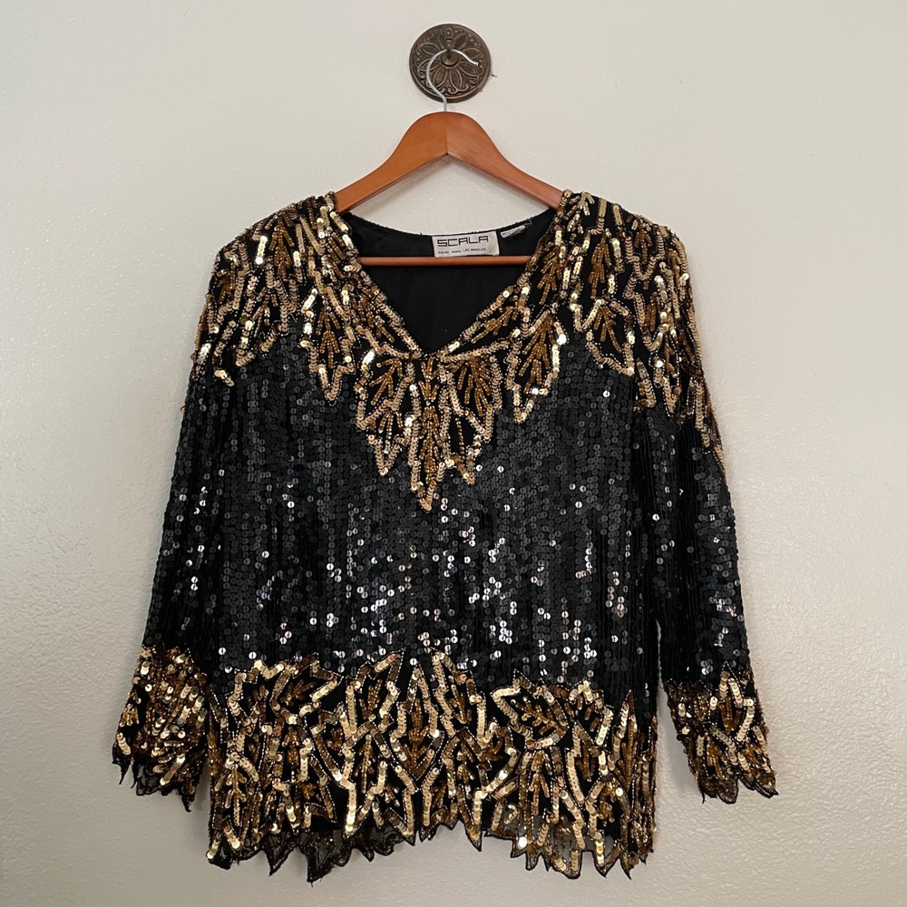 Scala Vintage Silk Sequin 2 Piece Set Black Gold Beaded Skirt Suit Large